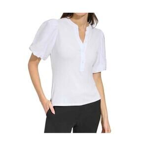 DKNY Ribbed White Henley Shirt Short Puff Sleeve Womens XL Feminine Cottage NEW